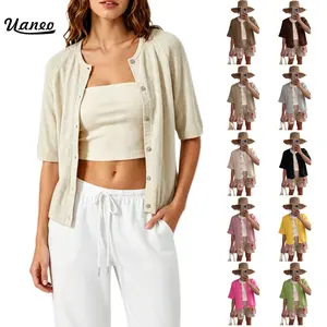 UANEO Women's Short Sleeve Cardigan Knit Sweater Top - Crew Neck Button Down Soft Knitting Fabric, Lightweight Breathable Shrug, Casual Work Office Cover Up, Versatile Spring Summer Outfits Layering #everydaybasics,womenswear,vacation,knitwear